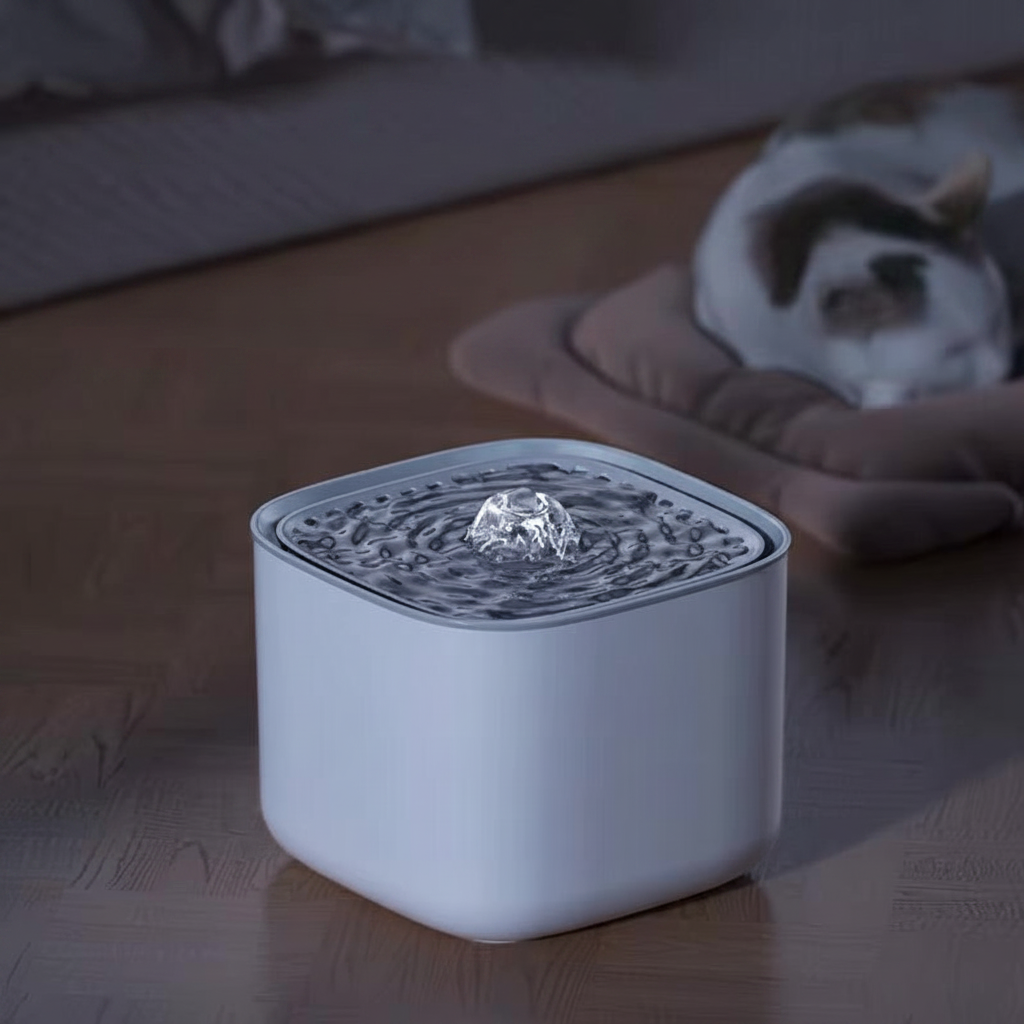 Pet water fountain night scene - no text